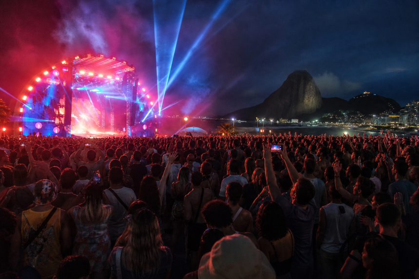 Público reunido diante de um palco iluminado durante festival musical no Rio de Janeiro